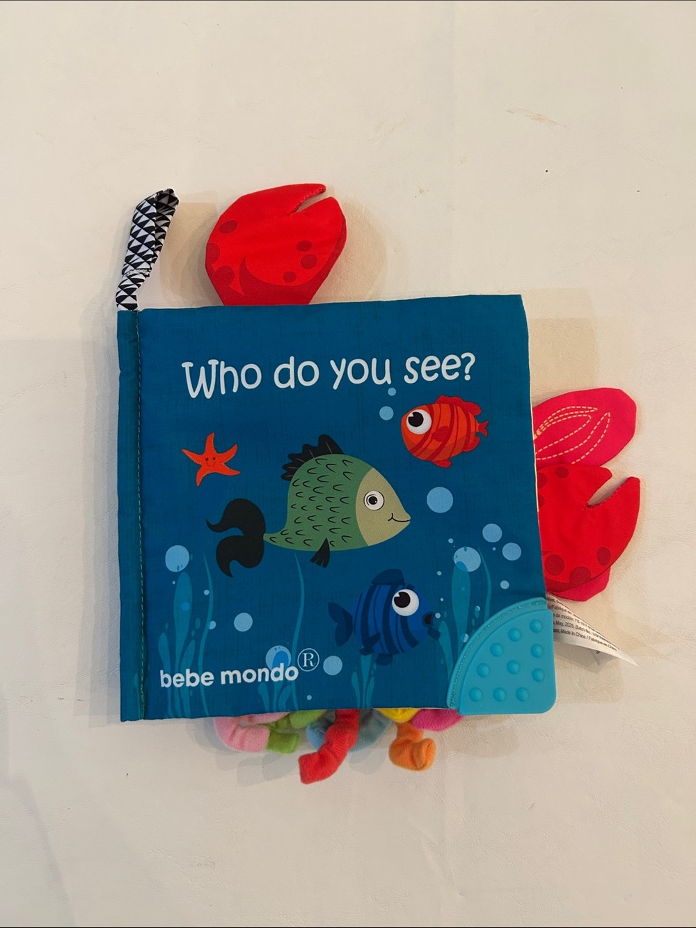 bebe mondo Blue 'Who Do You See?' Soft Crinkle Baby Book with Teether